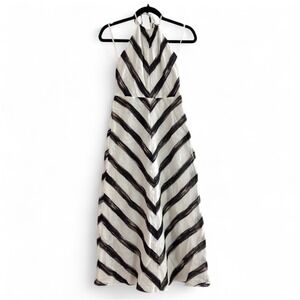 Ann Taylor Black White Halter Long Maxi Dress 100% Linen Striped‎ Petite 00P XS
